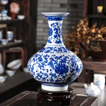 Jingdezhen keramikos aukso mėlyna ir balta vaza gėlių lotus Jin Zhongping šiuolaikinės mados apdailos amatai