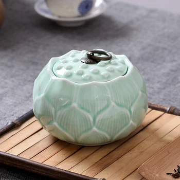 Jingdezhen Keramikos Lotoso Formos Arbata Jar Filtras Dovanų Sandarią Talpą Šviečia Šešėlis Mėlyna Glazūra Caddy Saugojimo Jar
