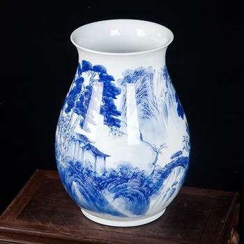 Jingdezhen keramikos, rankomis dažyti mėlyna ir balta porcelianinė vaza Fu vamzdis šiuolaikinių Kinų gyvenimo dekoratyvinis rankdarbiai