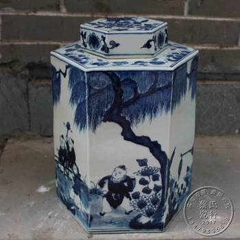 Jingdezhen senovinių keramikos, rankomis dažyti mėlyna ir balta arbata caddy surinkimo