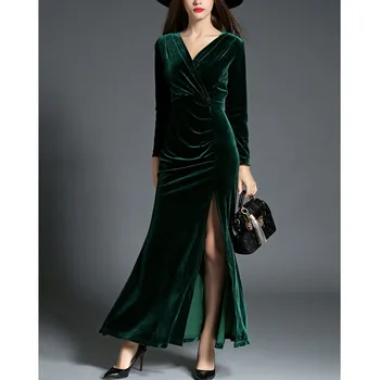 JLI GALI Maxi aksomo suknelė moterims apvalkalą bodycon v-kaklo, ilgomis rankovėmis padalinta žalioji slim seksualus, elegantiškas ponios šalis suknelės žiemą