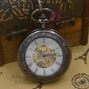 Juoda Mechaninė Kišeninio Laikrodžio vyrų stiklo steampunk vyras fob laikrodžiai romos antikvarinių ir senovinių retro Stilingas vertus Vėjo juosmens grandinės