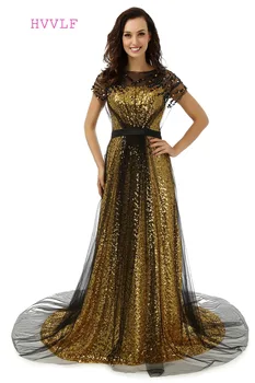 Juodojo Aukso Chalatas De Soiree 2018-line trumpomis Rankovėmis, Blizgančiais Sparkle Matyti Per Moteris Ilgai Prom Dresses Prom Suknelė vakarinę Suknelę