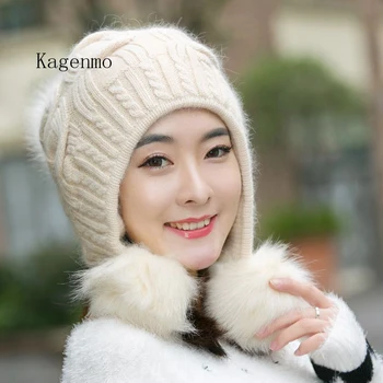Kagenmo Šiltas triušio kailio, trikotažo bžūp vėjo skrybėlę moterų rudenį ir žiemą triušio kailio megzta kepurė atsitiktinis visas rungtynes, saldus megzti