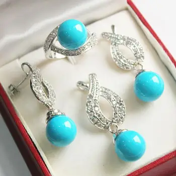 Karšta! gražus naujas juvelyriniai sidabro padengtą + 12mm mėlyna shell perlų pakabukas, auskarai, , žiedas rinkinys