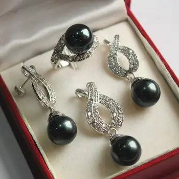 Karšta! gražus naujas juvelyriniai sidabro padengtą + 12mm black pearl shell pakabukas, auskarai, , žiedas rinkinys