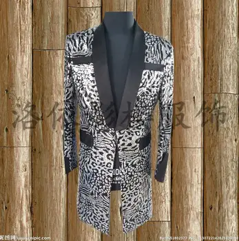 KARŠTO 2017 Naujas vyrų kostiumas GD BIGBANG teisę Zhi-Ilgai sidabro blizgučiais leopard tiktų ilgi paltai Švarkai naktiniame klube dainininkė etape kostiumai