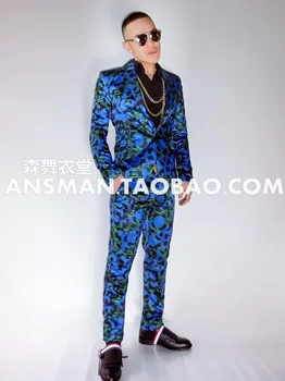 Karšto 2018 NAUJAS Vyrų DJ, dainininkas mados Mėlyna žalia Leopard kostiumas, paltai Vyrams plius dydis oficialų suknelė kostiumai, drabužiai, Kostiumai