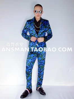 Karšto 2018 NAUJAS Vyrų DJ, dainininkas mados Mėlyna žalia Leopard kostiumas, paltai Vyrams plius dydis oficialų suknelė kostiumai, drabužiai, Kostiumai
