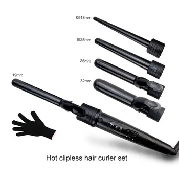 Karšto Clipless 5 Dalis Plaukai Garbanoti Geležies Mašina, 5P Keramikos Hair Curler Nustatyti 5 Dydžių 09-32mm Garbanoti Lazdelė Volai Su Pirštine Įrašus