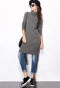 Kašmyras moterų mados žiemos pullover sweater dress ilgai stiliaus twin siūlų tirštėti megztiniai (S-XL