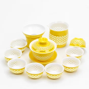 Keramikos Kung Fu Arbatos Rinkinys Vaivorykštė Taurės Aukso Linija, Mėlynos ir Baltos spalvos Porceliano arbatos rinkinys