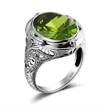 Kietojo 925 Sterlingas Sidabro Žiedai Sukurta Olivīns Raižyti Gėlių Vyrų Žiedas Fine Jewelry Vestuvių Vakarą Šalies Moterų Kokteilis Žiedas