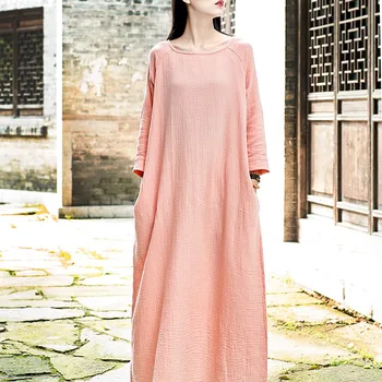 Kietojo ilgomis rankovėmis Medvilnės Midi Ilgio Suknelė Moterims Kinijos stilius Derliaus Prarasti Atsitiktinis Suknelė, Rudenį, Pavasarį Skraiste Femme Vestidos B190