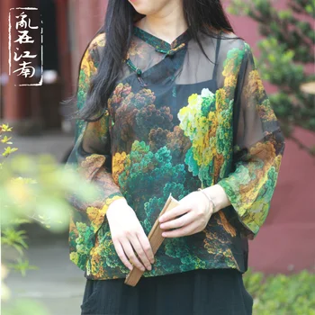 Kinijos stilių kratinys palaidinė žr.-per trumpą viršuje Moterų Atsitiktinis Viršūnes Pagrindinio Atsitiktinis Viršų retro pakrypęs atvartas spausdinimo Blusas