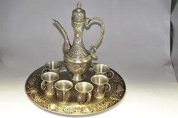 Kinų senovės paauksuotas sidabras arbatinukas ir puodelis ir dėklas