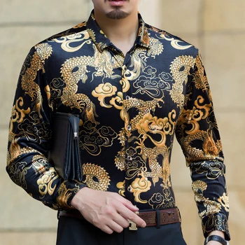 Kinų stiliaus dragon totem spausdinimo mados boutique ilgomis rankovėmis marškinėliai Rudenį 2017 Naujas aukso aksomo aukštos kokybės vyrų marškinėliai, M-XXXL