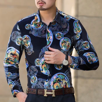 Kinų stiliaus dragon totem spausdinimo mados boutique ilgomis rankovėmis marškinėliai Rudenį 2017 Naujas aukso aksomo aukštos kokybės vyrų marškinėliai, M-XXXL