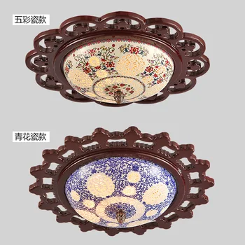 Kinų stiliaus medinis apvalus keramikos lubų šviesos gyvenamasis kambarys, miegamasis, koridorius, balkonas mėlyna /balta klasikinė lubų lempa ZA ZS28