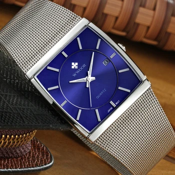 Klasikinio Stiliaus Vyrų Kvadratinių Vandeniui Verslo Kvarciniai Laikrodžių Vyrams, Prekės Prabanga WWOOR Data Blue Laikrodis Plieno Dirželis Vyrų Sporto Laikrodžiai
