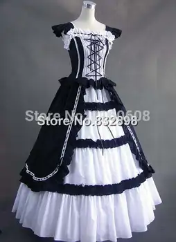 Klasikinių Juodos ir Baltos spalvos Vintage Gotikos Viktorijos Suknelė Šalis Suknelė