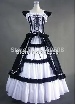 Klasikinių Juodos ir Baltos spalvos Vintage Gotikos Viktorijos Suknelė Šalis Suknelė