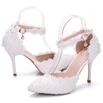 KNCOKAR 2018 Naujas Mados balta nėrinių gėlių vestuvių batai žodį apyrankę su nuotaka batai ir smailianosiai batai dydis 34-41