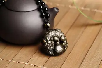 Koraba Fine Jewelry Unikalus Gamtos Aukso Obsidian Black Jade Pakabukas Kinų Drakonas Pixiu Amuletas Nemokamas Pristatymas