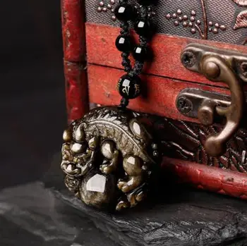 Koraba Fine Jewelry Unikalus Gamtos Aukso Obsidian Black Jade Pakabukas Kinų Drakonas Pixiu Amuletas Nemokamas Pristatymas