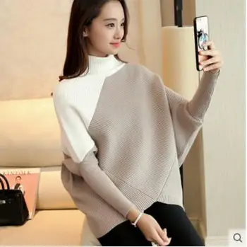 Kortelės 2018 m. rudenį moterų megztinis spalva blokuoti apdaila mados batwing megztinis golfo marškinėliai