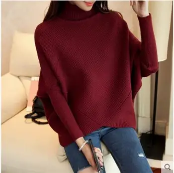 Kortelės 2018 m. rudenį moterų megztinis spalva blokuoti apdaila mados batwing megztinis golfo marškinėliai