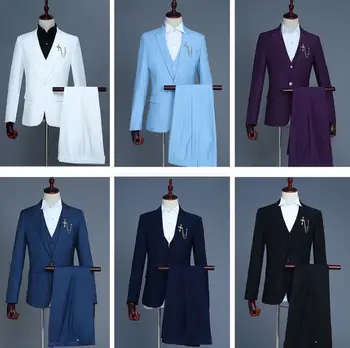 Korėjos mados 2018 naują atvykimo baltas plonas vyrų kostiumas rinkinys su pants mens kostiumai, vestuvių jaunikis oficialų suknelė, kostiumas + ziajać + liemenė