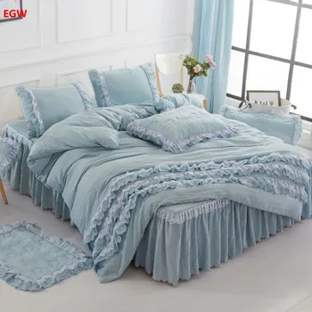 Korėjos patalynės komplektas mėlyna lova sijonas nustatyti, plaunamas medvilnės antklode padengti princesė lovatiesė Vestuvių patalynė užvalkalas namų tekstilės