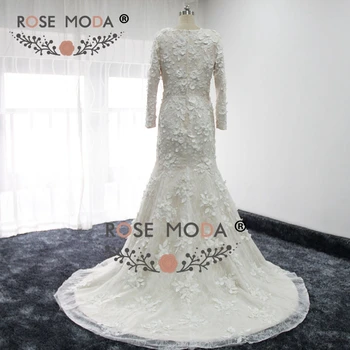 Kuklus ilgomis Rankovėmis 3D Nėrinių Undinė Vestuvių Suknelė su Perlų Dramblio kaulo per Šampano Nėrinių Nuotakos Suknelė pagal Užsakymą