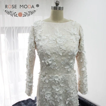 Kuklus ilgomis Rankovėmis 3D Nėrinių Undinė Vestuvių Suknelė su Perlų Dramblio kaulo per Šampano Nėrinių Nuotakos Suknelė pagal Užsakymą