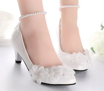Kulkšnies duobute dirželiai baltos gėlės vestuvių batai moterų plius dydis vidutinis žemas, aukšti kulniukai bridesmaid batai