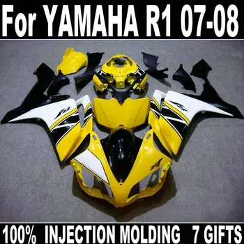 Kėbulo komplektas Yamaha liejimo lauktuvės YZF R1 07 08 geltona juoda balta motociklo purvasargiai nustatyti YZFR1 2007 2008 BD19