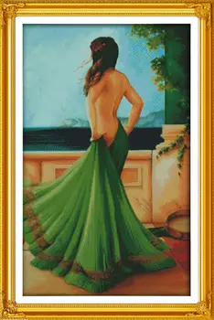 Lady žalia suknelė Atspausdinta ant Drobės DMC Skaičiuojamas Kinijos Kryželiu Rinkiniai spausdinti kryželiu Siuvinėjimo rinkinys Rankdarbiams