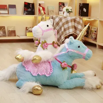Lašas 90cm Mėlyna Vienaragis Arklys pliušiniai žaislai įdaryti pliušinis žirgas medžiaga lėlės, minkšti pliušiniai gyvūnai, lėlės gimtadienio dovana Chidlren