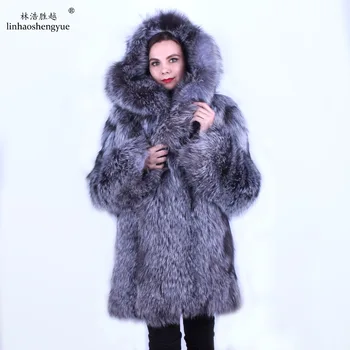 Linhaoshengyue Aukštos kokybės silver fox fur moterų ilgas paltas su dideliu gaubtu ilgomis rankovėmis