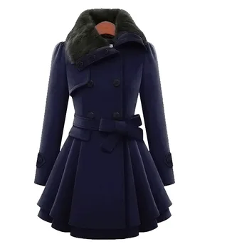 Lisa Colly Mados Moterų rudenį, žiemą Šiltas vilnonis paltas viršutiniai drabužiai vidutinio ilgio kailio apykakle atsitiktinis Stora striukė Kailis