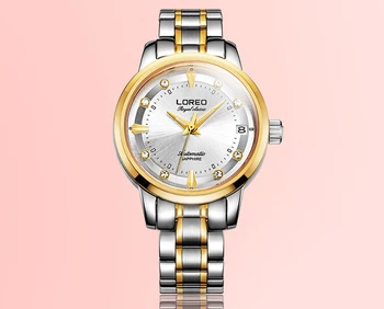 LOREO Safyras Automatinis Mechaninis laikrodis moterims aukso, Nerūdijančio plieno, atsparus vandeniui Žiūrėti relogio moteriškas