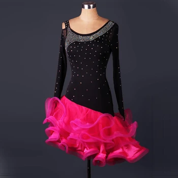 Lotynų Šokių Suknelė Moterims Suaugusiųjų Kostiumas su Šviečia Cirkonio Salsa Standartinių Šokių Suknelės Hot Pink CAD080