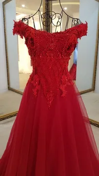LS17220 vakaro suknelės su kristalais nuo peties brangioji korsetas atgal ceach raudono tiulio trumpas rankovės vestuvių suknelės svečias