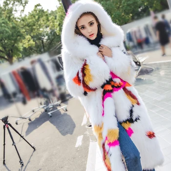 LVCHI Moterų stilingas stiliaus vėjo malūnas dekoratyvinis modelio fox paltai natūralus lapės kailis kailis ilgas megztas dizainas su gobtuvu naujas stilius