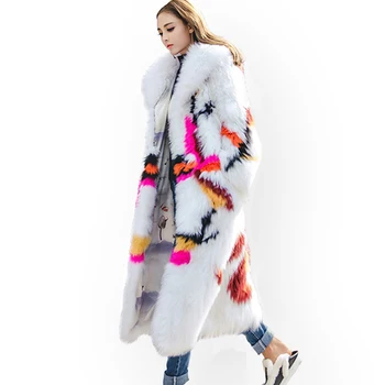 LVCHI Moterų stilingas stiliaus vėjo malūnas dekoratyvinis modelio fox paltai natūralus lapės kailis kailis ilgas megztas dizainas su gobtuvu naujas stilius