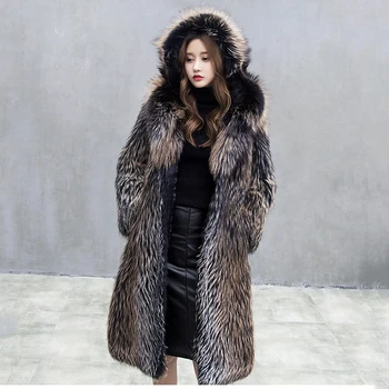 LVCHI Moterų Žiemos Paltai Importo Juodojo Aukso Ilgai Parker Lapės kailis Storesnis su skrybėlę Fox Fur Coat tikro kailio Daugiau nei 165cm Ponios