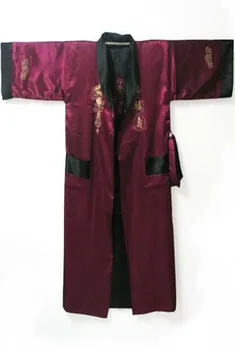 Mados Bordo Juoda Kinijos Vyrų Satino Grįžtamasis Chalatas Naujovė Du Akį Sleepwear Siuvinėta Suknelė Kimono Vienas Dydis ZR33