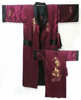 Mados Bordo Juoda Kinijos Vyrų Satino Grįžtamasis Chalatas Naujovė Du Akį Sleepwear Siuvinėta Suknelė Kimono Vienas Dydis ZR33