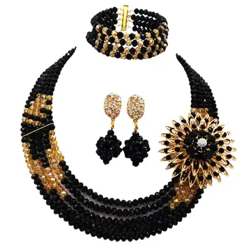 Mados Juodojo Aukso Multi Sruogos Nigerijos Vestuvių Karoliai Kostiumas Afrikos Karoliukai Papuošalų Rinkinys Moterims, 5L-YH02